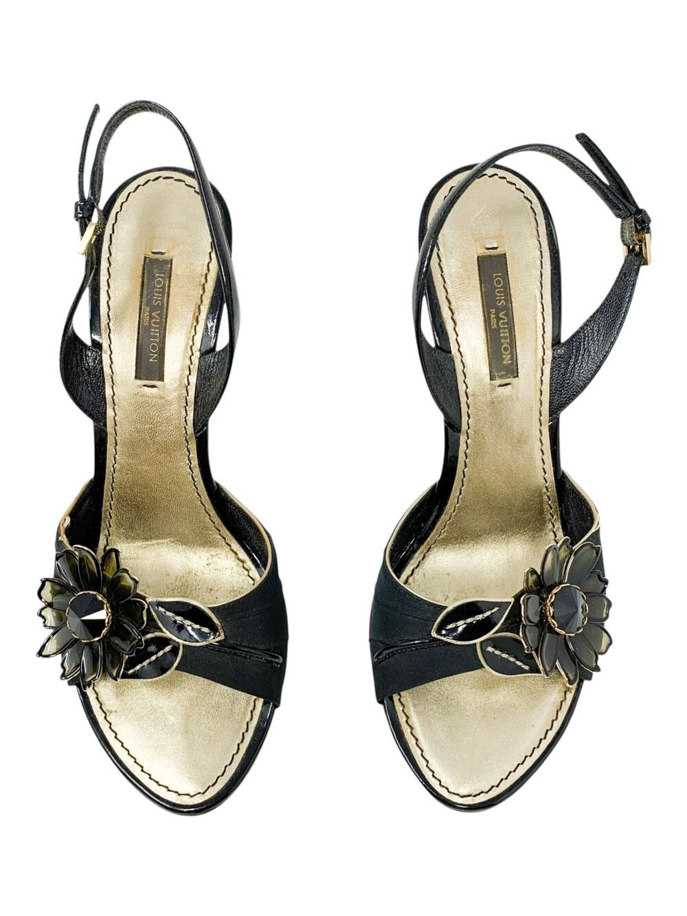 Louis Vuitton Mira Black Flower Applique Slingback Sandals Heels EU 37